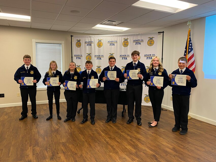 Greyson Pelston, Madison Foster, Kassidy Judd, Mason Taylor, Will Reynolds, Logan Faulkner, Emma Burton, and Andrew Miller received their Discovery Degrees, the first degree that an FFA member can receive.