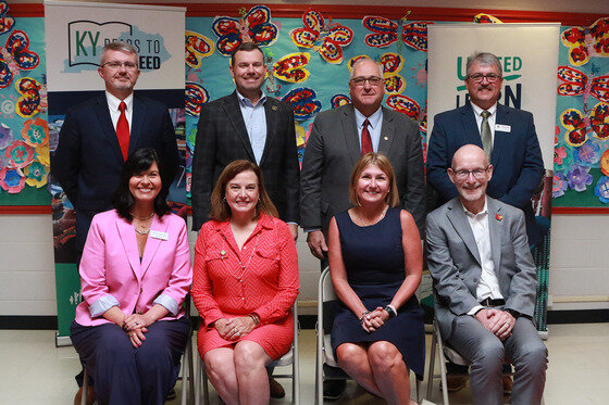 Kentucky state educational leaders came together at Bourbon Central Elementary School to discuss literacy instruction across the Commonwealth and unveil a new statewide reading research center. From left to right in the top row: Incoming Commissioner of Education Robbie Fletcher, Sen. Stephen West, Rep. James Tipton and Bourbon County Superintendent Larry Begley. From left to right in the front row: KDE Chief Academic Officer Micki Ray, Interim Commissioner of Education Robin Fields Kinney, Statewide Reading Research Center Director Amy Lingo and University of Louisville Provost Gerry Bradley. Photo by Crystal Sicard, Kentucky Department of Education, June 3, 2024