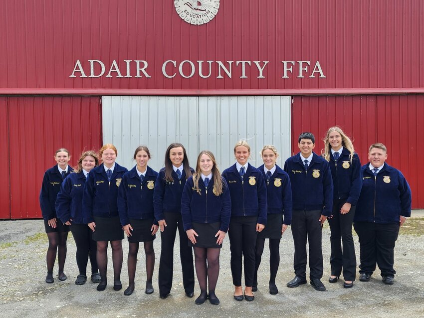 The Adair County FFA Officer Team for 2024 – 25 is (from left) Kaylee Richard, committee chair; Jaydah Brown, historian; Jaylee Willis, sentinel; Bella Blackaby, treasurer; Piper Kemp, secretary; Riley Yarberry, president; Gracie Gist, vice president; Zowi Martin, reporter; Peter Mendoza, student advisor; Myla Curry, parliamentarian;  and Logan Reliford, chaplain.