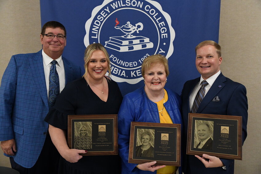 LWC President William T. Luckey Jr. stands with the Lindsey Wilson College 2024 National Alumni Association award recipients. From left: Luckey; Outstanding Young Alumna Award recipient Emiley Carnall ’12 McCullough; Distinguished Service Award recipient Linda Underwood King ’67; and Distinguished Alumnus Award recipient Bruce Harris ’08. Not in attendance: Honorary Alumnus Award recipient B.J. Burnett.