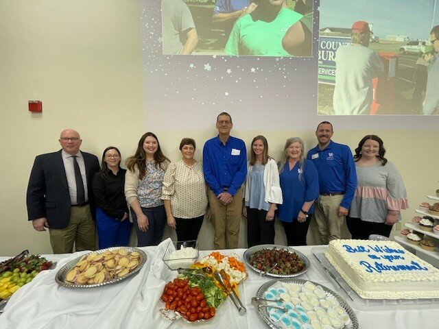The Taylor County Extension staff celebrated Pat Hardesty’s retirement with a reception. Pictured (from left) are area director Jeff Casada, Rebecca Despain, Kimberly Hope-Thomas, Carolyn Morris, Pat Hardesty, Kara Back, Angela Rodgers, Kelly Rexroat, and Elizabeth Burton.
