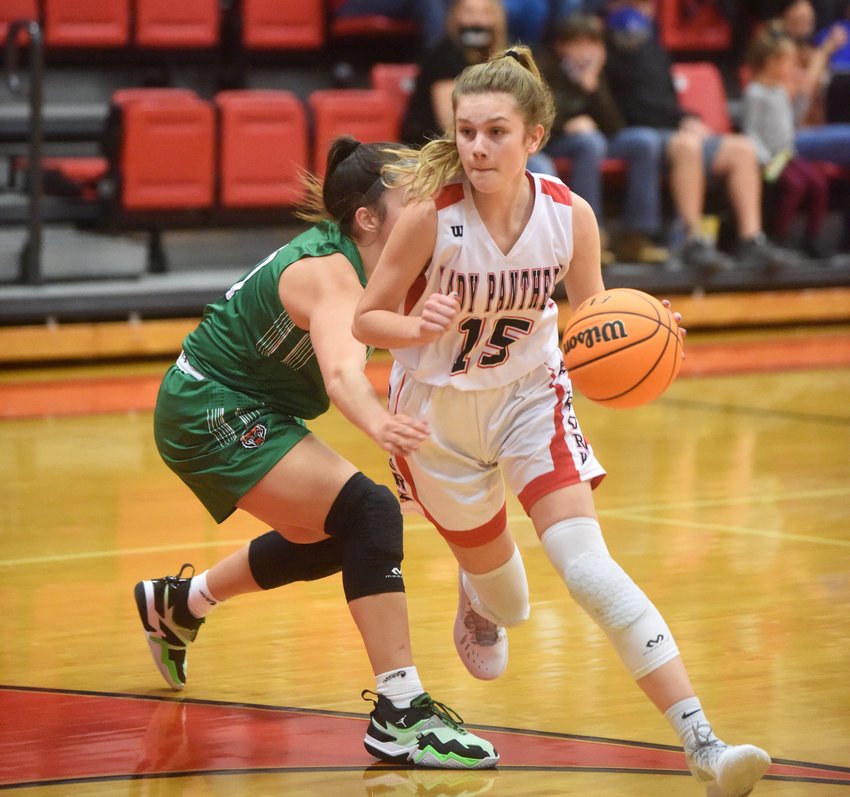 Norfork's Liza Shaddy drives to the basket during the Lady Panthers' 56-42 loss to Valley Springs on Tuesday night.