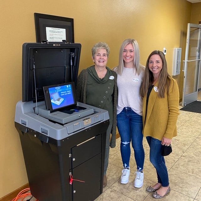 Three generations of one family voted early Monday at the First United Methodist Church early voting center in Mountain Home. Shown above are (from left) Jeannie Barron Walker, Grace Hilvert and Heather Harrison Hilvert. This was the first election for Grace Hilvert, 18, to participate in.