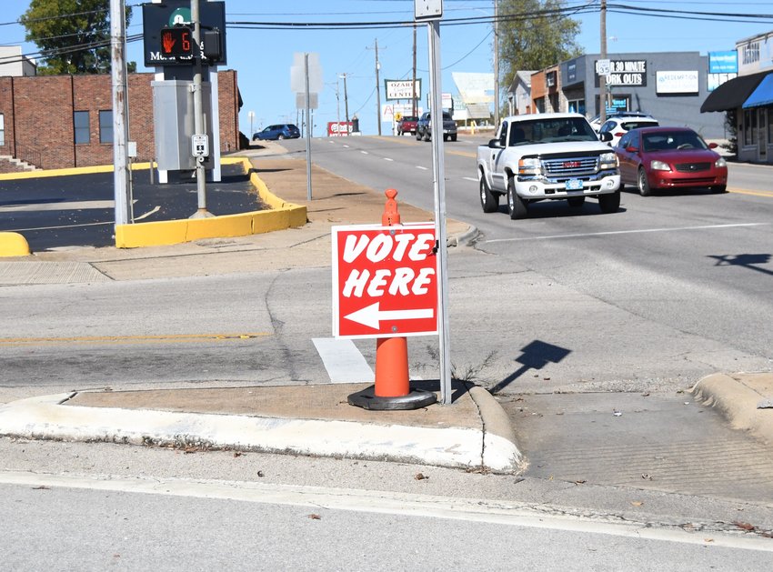A sign points the way towards the First United Methodist Church in Mountain Home, one of three early voting sites in Baxter County. Early voting will close Monday evening.