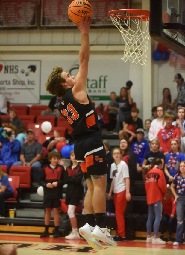 Calico Rock's Carter Hiles skies for two points during a recent game at Norfork. The Pirates are 10-0 after a victory at Rural Special on Tuesday.