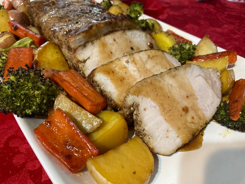 Honey-Garlic Pork Loin with Roasted Vegetables only takes 20-25 minutes in the oven.