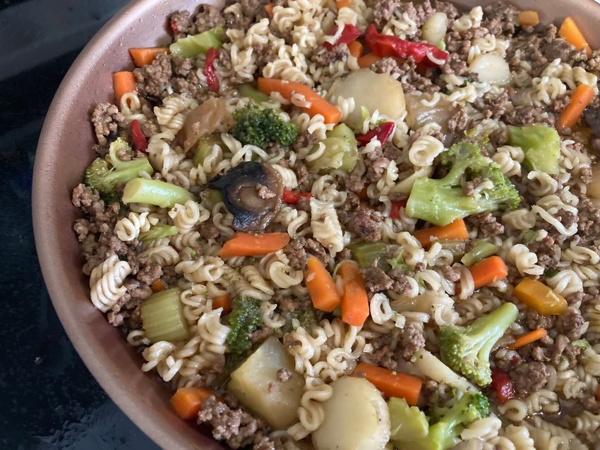 Combine ground beef, beef ramen and stir-fry vegetables for a quick and hearty skillet dinner.