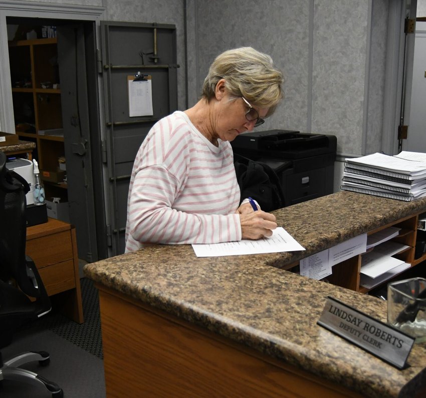 Mountain Home School Board member Barbara Horton was the first candidate to complete her paperwork Tuesday in the County Clerk's office. Horton is seeking to retain her Position 4 seat on the school board.