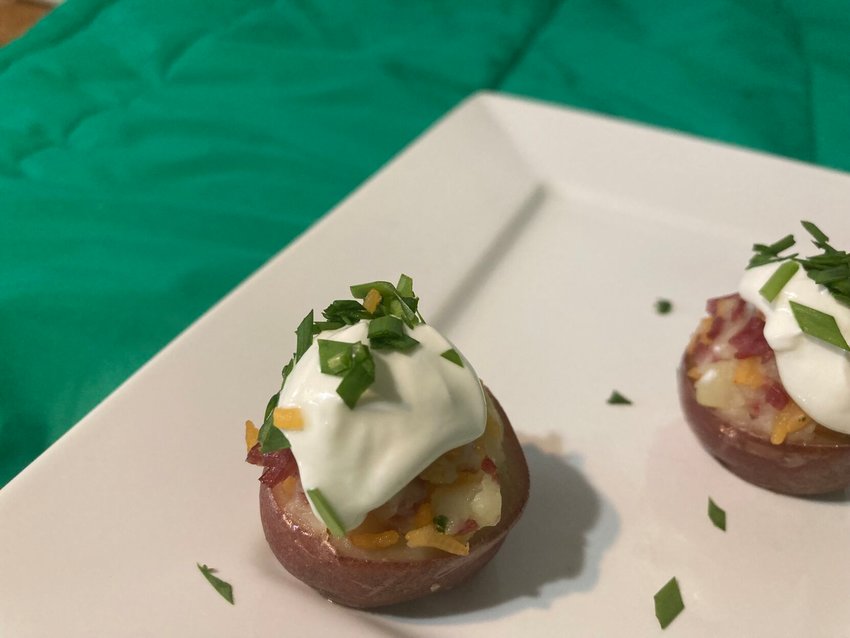 Little Irish Potato Bite, which taste like baked potato skins, are a perfect appetizer for a St. Patrick's Day meal.