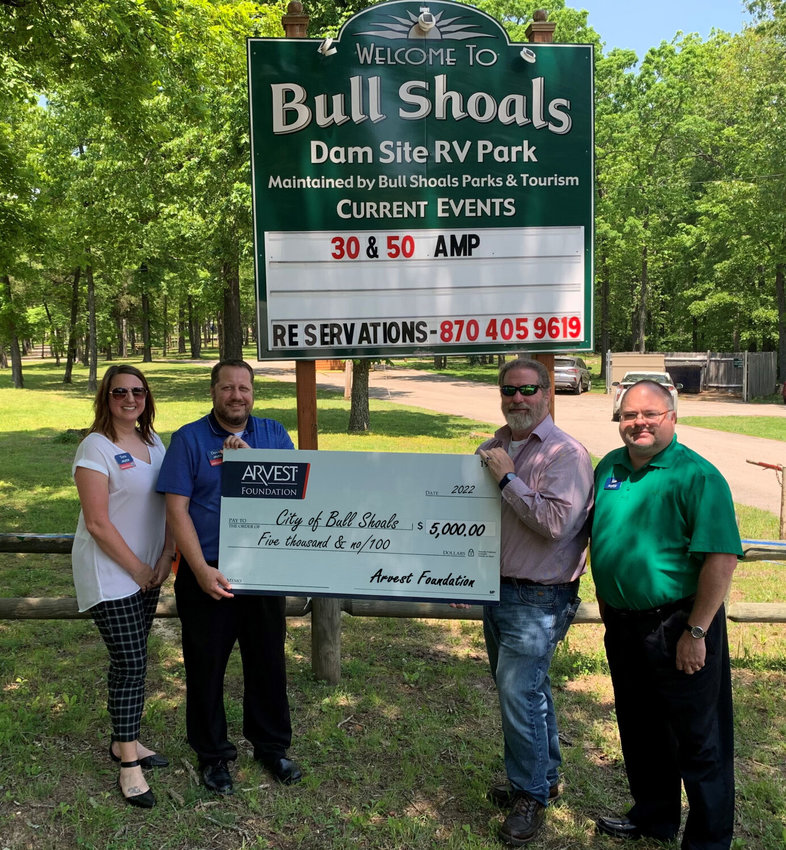 Parks in Bull Shoals will be upgraded thanks to a $5,000 grant from the Arvest Foundation. Funding from the grant will allow Bull Shoals to focus on repairing and upgrading parks throughout the city. &ldquo;Tourism and retirement are the main drivers of our local economy and that means maintaining and improving the attraction and functionality of our parks is of utmost importance,&rdquo; said Mayor David Nixon. &ldquo;We&rsquo;re thankful to the Arvest Foundation for giving us a grant to help with this.&rdquo; Shown are (from left) Tera Payne, Arvest human resource manager; David McBee, Arvest executive vice president and sales manager; Nixon and Joe LaRue, Arvest consumer loan manager.   Submitted Photo