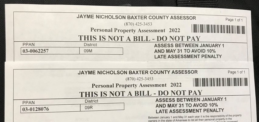 A pair of personal property assessments are seen Thursday afternoon. Property owners have until Tuesday to assess their personal and business property for 2022 or face a late penalty.   Scott Liles/The Baxter Bulletin