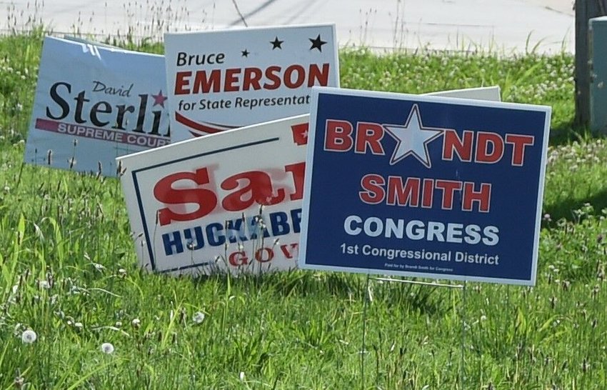 A group of political signs from completed primary races is seen Monday afternoon in Mountain Home. Excluding Baxter County's five runoff races, campaign signs should be removed by property owners by now.   Scott Liles/The Baxter Bulletin