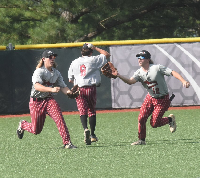 Lockeroom players Daniel Jones (from left), Philip Pasthing and Wyatt Goodman converge on a bloop single on Thursday at College of the Ozarks Summer Showcase.