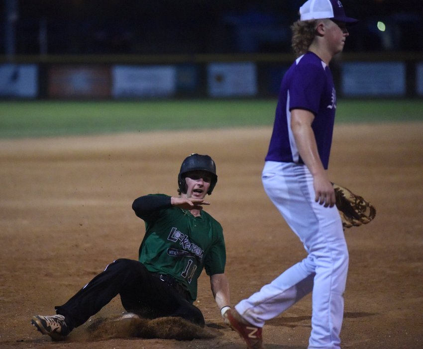Lockeroom's Reed Ellison slides safely into third base for a triple Thursday night. Ellison was a home run short of batting for the cycle during the team's 12-4 win over North Central Arkansas.