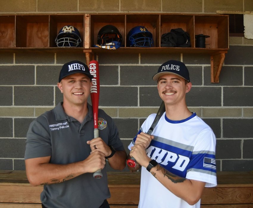 Mountain Home EMT/firefighter Tommy Feliccia (left) and Mountain Home patrolman Jared Medina are organizing a benefit ragball game between the two departments. The game will be held at 7 p.m. Saturday, July 30, at McClain Park's Freedom Field.   Scott Liles/The Baxter Bulletin