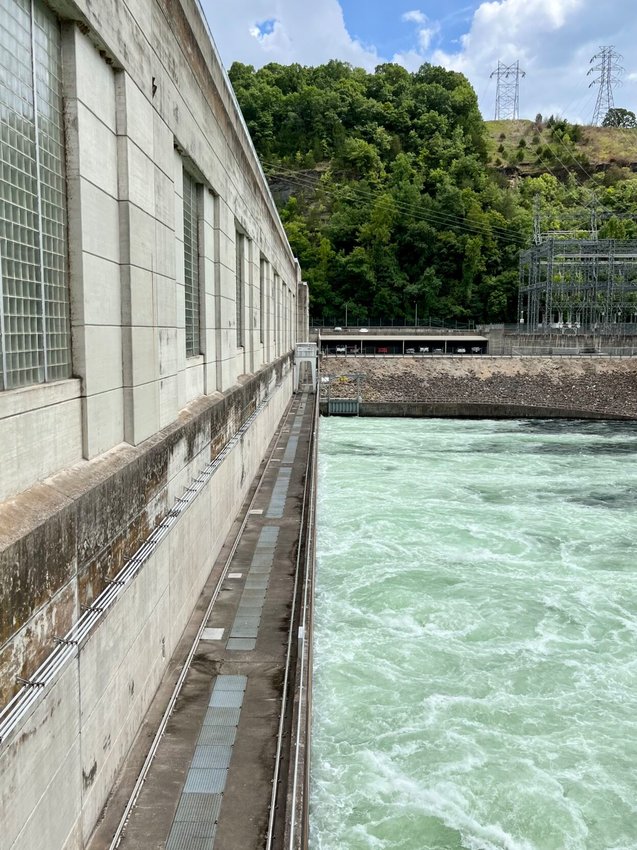 The churning blue-green waters coming from below the Bull Shoals Dam is the outlet where the water used for hydroelectric energy comes out into the White River.   Helen Mansfield/The Baxter Bulletin