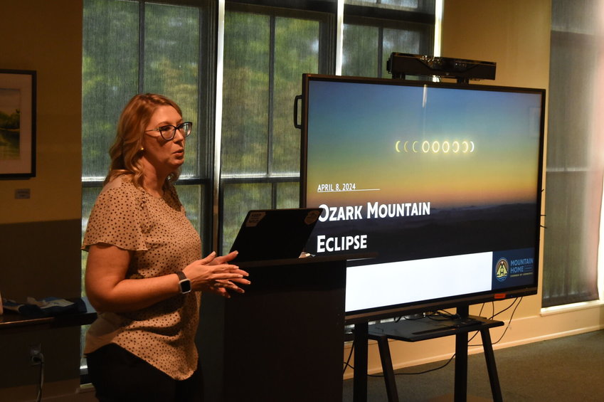 Mountain Home Area Chamber of Commerce President/CEO Danu Pugsley talks to a group of community and business leaders Wednesday about the April 8, 2024, solar eclipse. The event is expected to draw thousands to the area to witness the celestial occurrence.&nbsp;   Scott Liles/The Baxter Bulletin