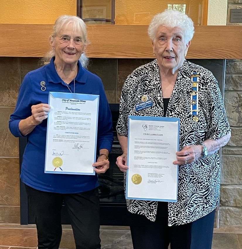 Chapter Regent April Baily of the Captain Nathan Watkins Chapter National Society of the Daughters of the American Revolution and chapter member JoBelle Zimmerman display proclamations from Mountain Home Mayor Hillrey Adams and Baxter County Judge Mickey Pendergrass recognizing September 17-23 as Constitution Week.   Photo courtesy of April Baily   Photo courtesy of April Baily