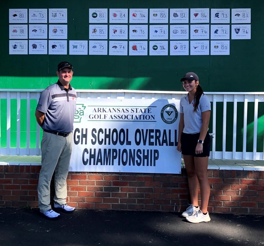 Viola's AJ McCandlis (right), pictured with golf coach Jason Hughes, competed at the Overall State Golf Tournament on Thursday in Little Rock. The Class 1A State champion placed eighth in the overall tourney.