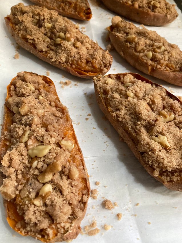 Walnut Streusel-Topped Sweet Potatoes can be made in advance of&nbsp; Thanksgiving and popped in the oven to bake when the turkey comes out to rest.   Linda Masters/The Baxter Bulletin