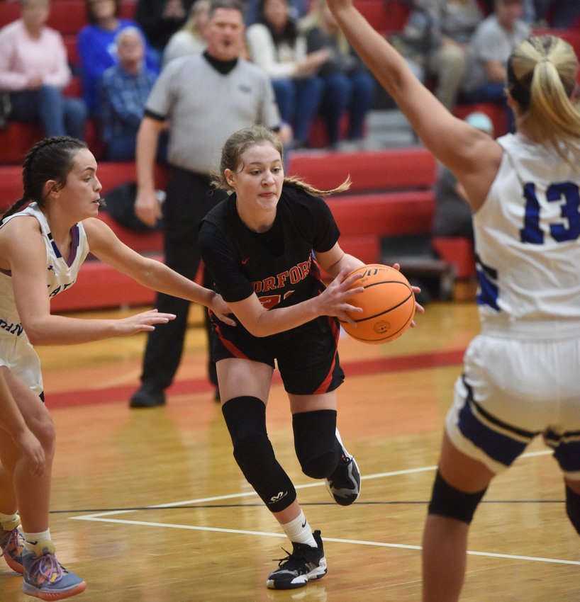 Norfork's Kiley Alman drives to the basket during a 61-49 loss to Bergman on Saturday.
