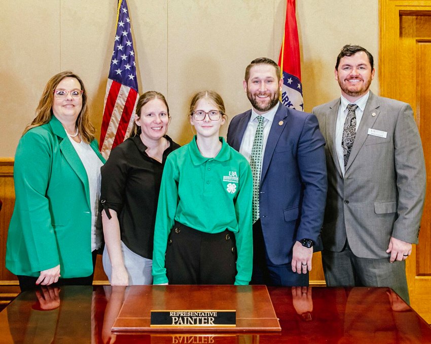 Shown at 4H Day at the State Capitol are: (from left) LeeAnn Blevins, Baxter County extension agent family and consumer science and 4H; Tia Dooley, parent; Hannah Dooley, Norfork Rebels 4-H member; Stetson Painter, state representative and Brad Runsick, Baxter County extension staff chairman and agriculture agent   Submitted Photo