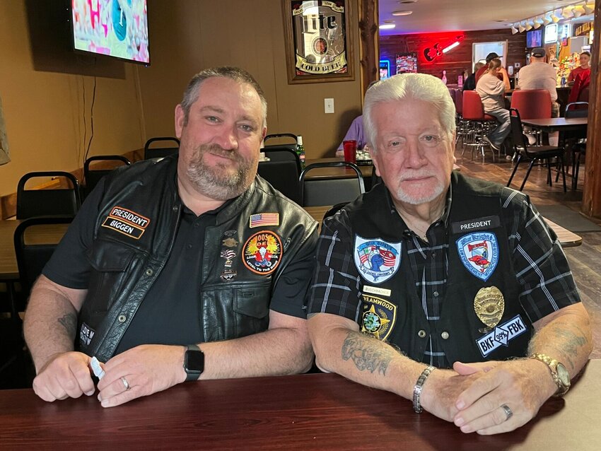 Nick Barkes (left), President of the local Moose Riders of Moose Lodge 1953&nbsp; and Bob Buschbacher, President of the Arkansas Chapter 5 of the Blue Knights International Law Enforcement Motorcycle Club, Inc., and a member of the Moose Riders of Lodge 1953 in Mountain Home, are making it their mission for the month of May to get the word out about National Motorcycle Awareness Month.   Helen Mansfield/The Baxter Bulletin