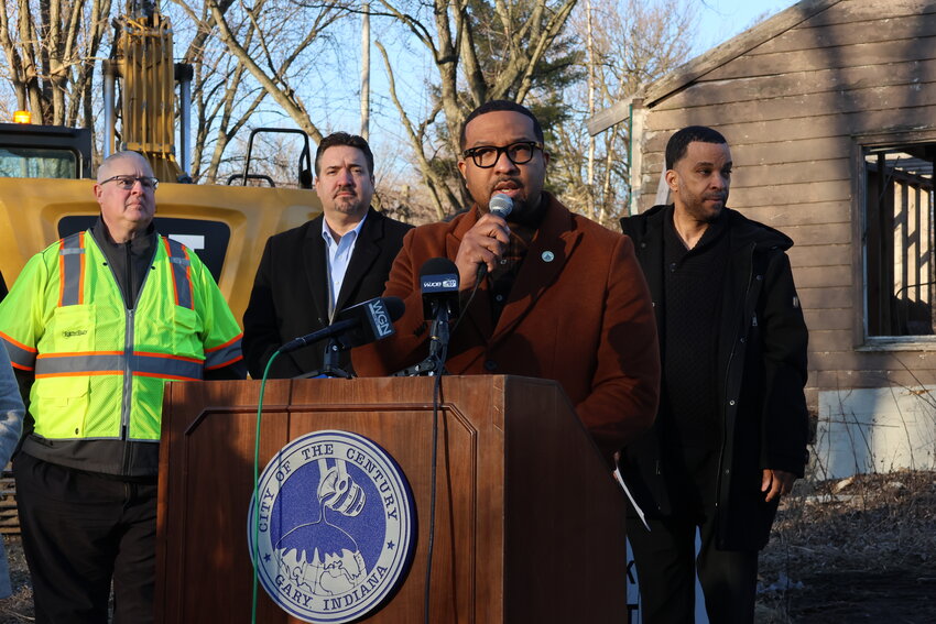 Eddie Melton, Mayor of the City of Gary, speaks during a press conference to discuss the next phase of an initiative to eliminate blight in the Aetna Neighborhood.