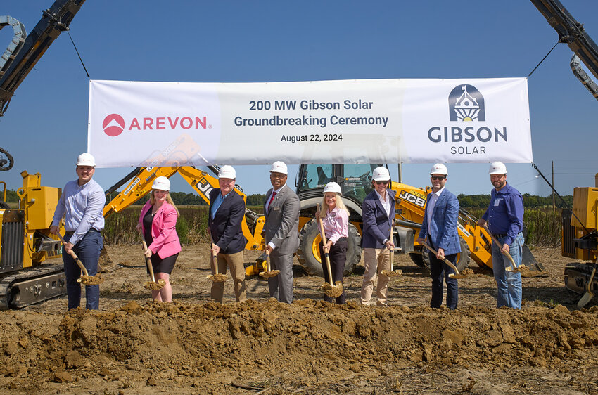 Pictured at the groundbreaking ceremony for Arevon’s Gibson Solar Project are (from left) Sam Fazekas, director of commercial JV assets at NIPSCO; Katherine Gensler, vice president of government affairs and marketing at Arevon; Congressman Larry Bucshon M.D. (IN-08), U.S. Representative for Indiana’s Eighth District; Nick Burns, Gibson County commissioner; Tami Hack, president and CEO at Gibson Economic Development; Tommy Greer, chief commercial officer at Arevon; Patrick d’Entremont, manager planning commercial support at NIPSCO; and Bryan Burns, director of renewable assets at NIPSCO.