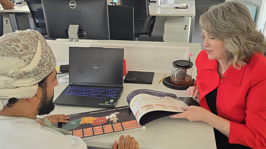 Purdue interior design professor Genell Ebbini discusses her Fulbright project with Middle Eastern architect Saeed Al-Shidhani, a sustainability consultant working with the Oman National Spatial Strategy team at the Ministry of Housing and Urban Planning.