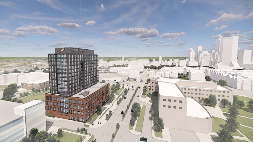 A rendering features Purdue University’s planned Academic Success Building currently under construction on the Indianapolis expansion campus.