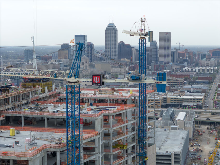 An aerial view taken in April 2025 shows the progress of construction of the new IU Health hospital in downtown Indianapolis.