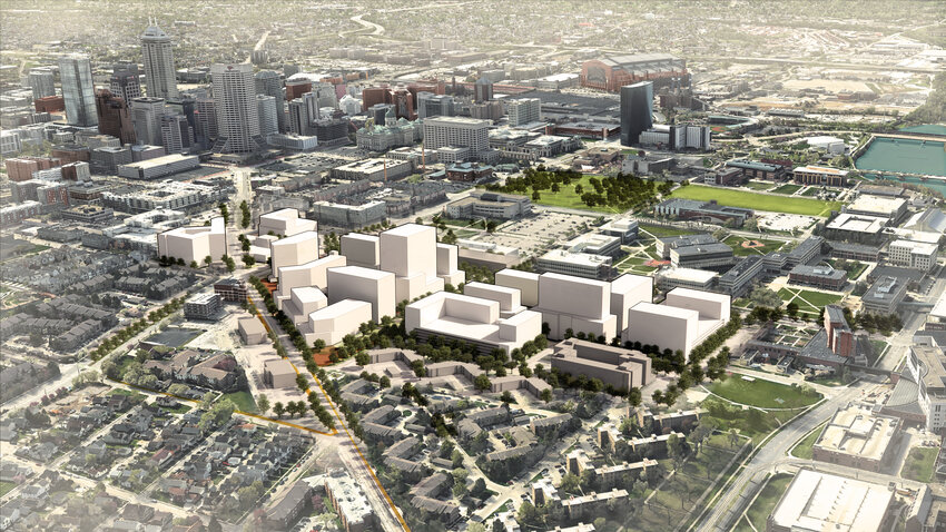 Conceptual rendering of the Indianapolis skyline from the Purdue master plan.