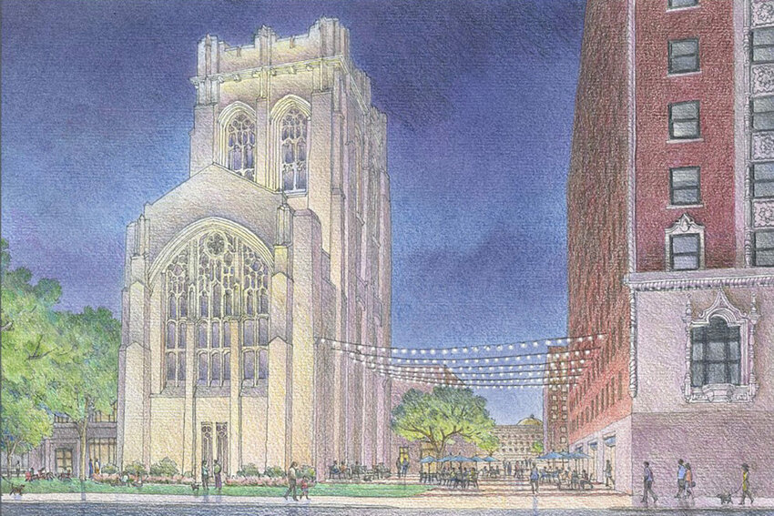 An artist's rendering of downtown Gary, including the historic City Methodist Church, which is featured in the School of Architecture's final report.