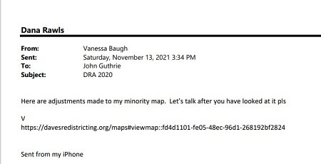 November 13, 2021 email from Commissioner Vanessa Baugh to the county's redistricting consultant John Guthrie.