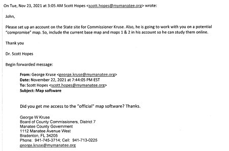 Email obtained by TBT from Manatee County Administrator Scott Hopes to redistricting consultant John Guthrie. 
