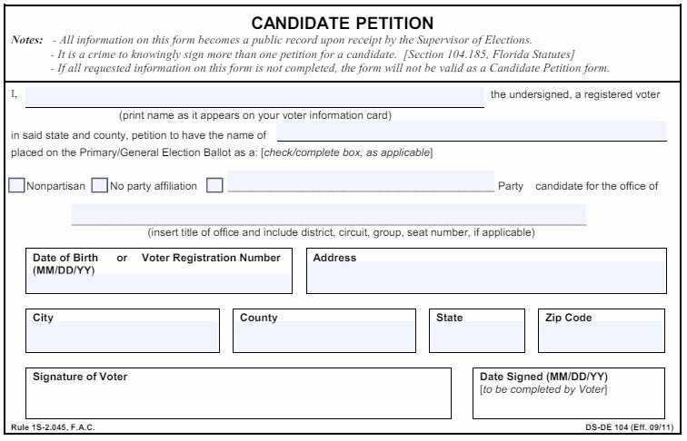 A blank state-issued Candidate Petition Form