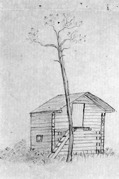 A drawing of the old Manatee County jail at Pine Level, in later DeSoto County. It was made of logs and was never very secure.