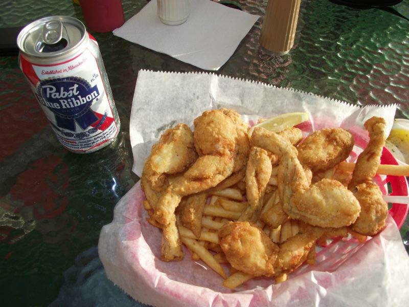 Frog legs, fries, and a cold PBR.