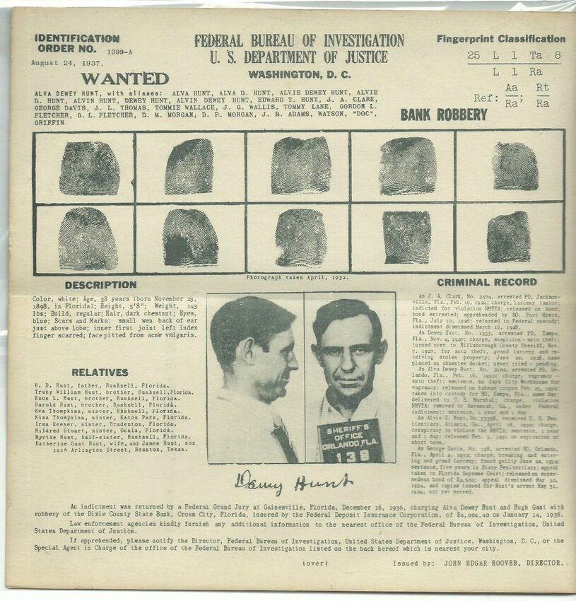 Wanted sign for Alva Dewey Hunt. 