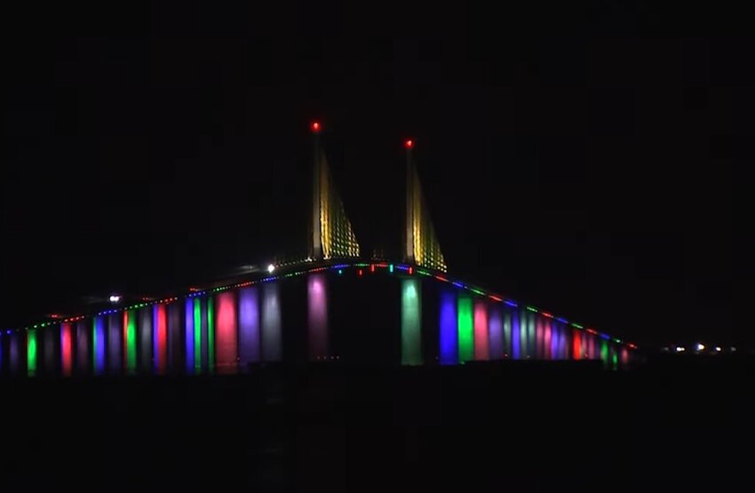 The Sunshine Skyway lit up for Pride week in 2022.