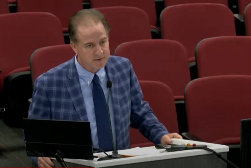 Manatee County Convention and Visitors Bureau Director Elliott Falcione addresses county commissioners during a BOCC meeting on July 30, 2024.