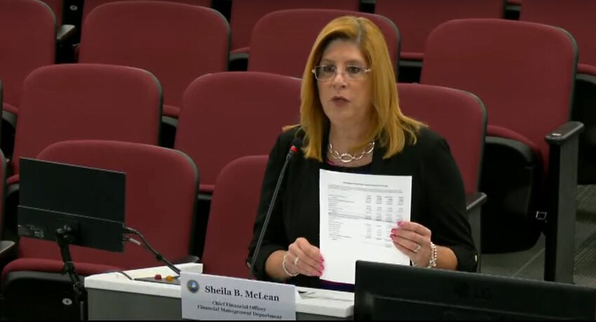 Manatee County CFO Shelia McLean addresses commissioners while opening a June 10, 2025, BOCC budget work session.