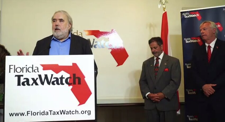 Screenshot of Florida TaxWatch senior VP of research Kurt Wenner (left) speaking on June 17, 2025. Also seen are Florida TaxWatch’s Dominic Calabro (center) and Jeff Kottkamp (right).