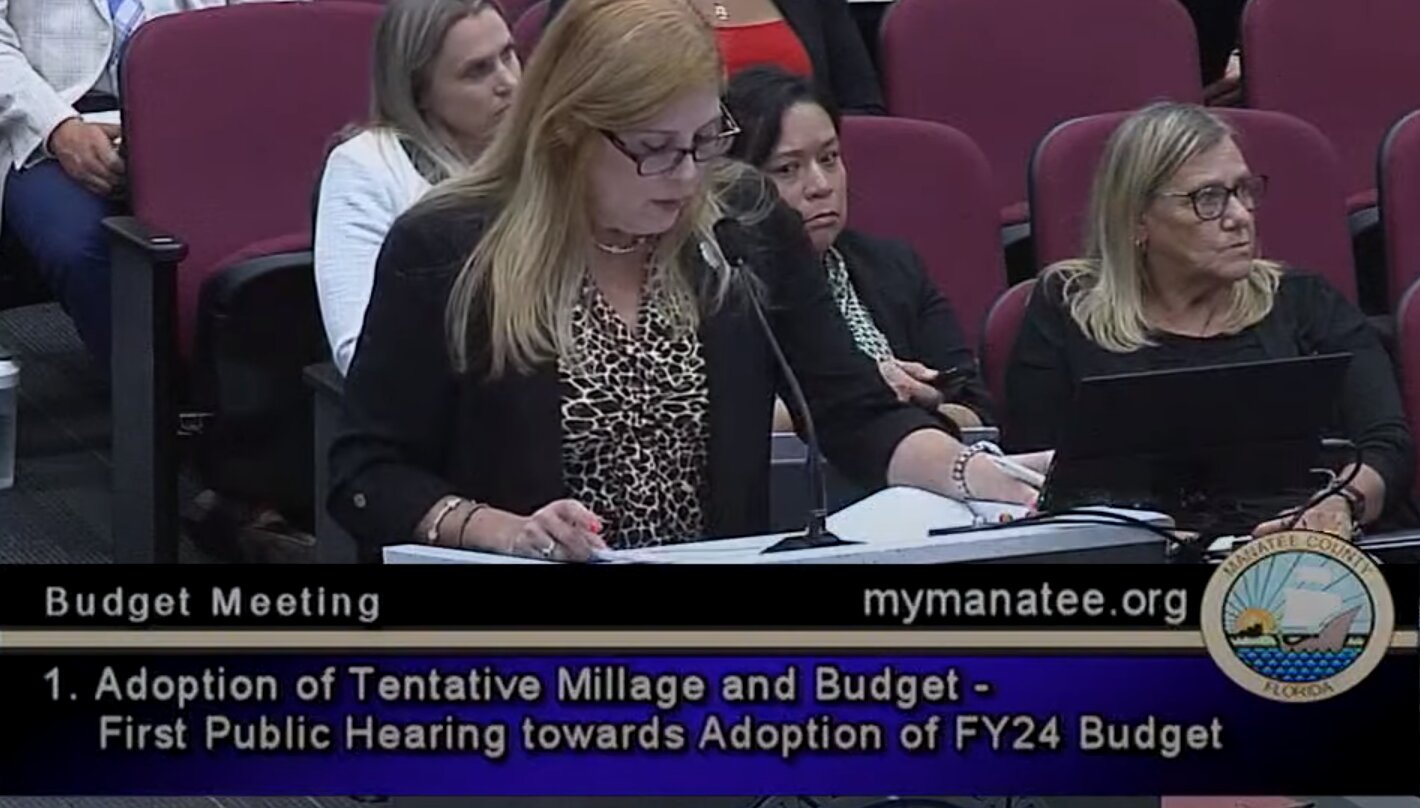 Manatee County CFO Shelia McLean presents the tentative FY24 budget to Manatee County Commissioners during a Sept. 12, 2023, first public budget hearing.