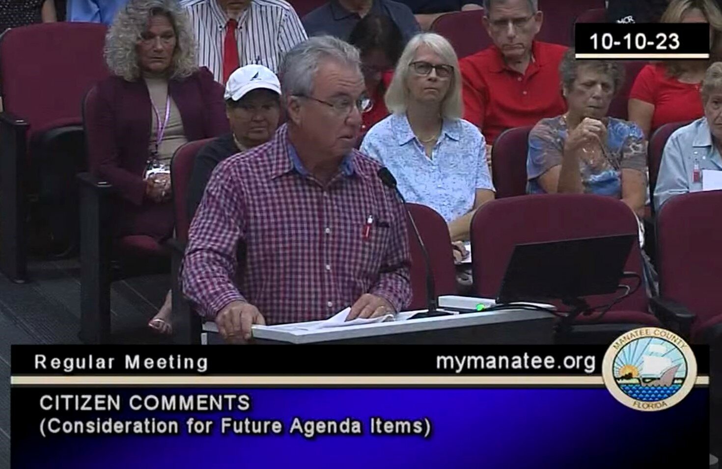 Joe McClash addresses the Manatee County Commission on October 10, 2023, following its vote to reduce local wetland protections.