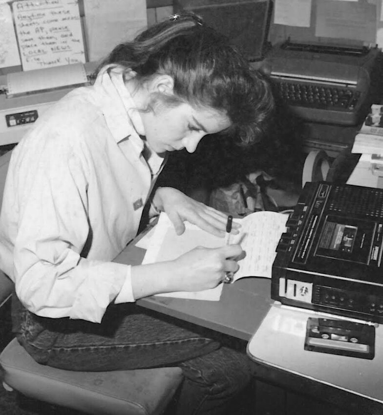 Angela as she is remembered, pictured while a high school student in a radio broadcasting class.