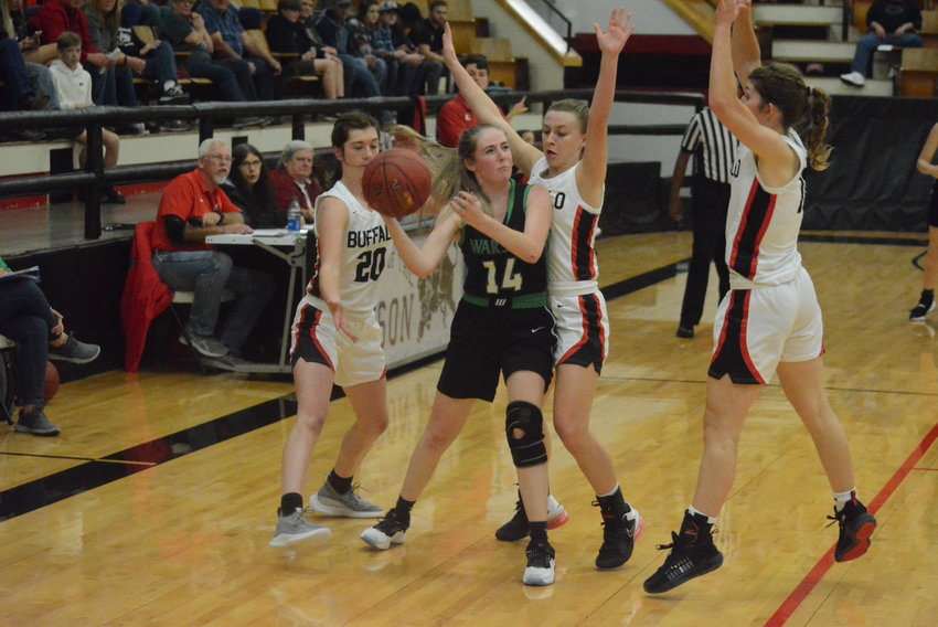 The Lady Bison&rsquo;s defense has been strong much of the season. In a photo from earlier in the season, three Buffalo players surround an opponent. From left are Audrey Peterson, Journey Edgington and Darby Armstrong.
