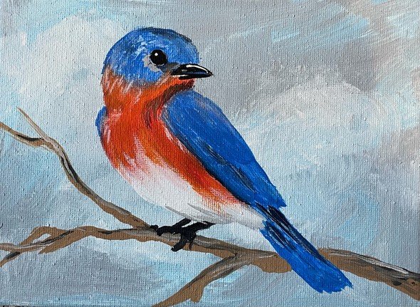 This bluebird painting by Missouri Department of Conservation volunteer Gala Keller will be the template for an MDC virtual program March 5 about how to paint bluebird pictures.