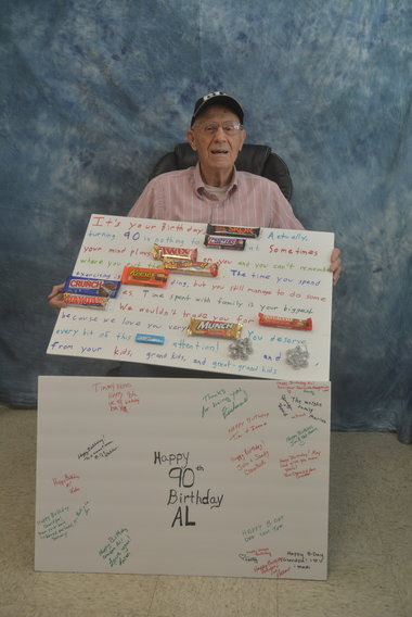 Albert Kerns recently marked his 90th birthday. To help celebrate, his children, grandchildren and great-grandchildren constructed a large greeting card out of candies. Family and friends also wrote messages to him on another poster board. The candy card reads, &ldquo;It&rsquo;s your birthday, &lsquo;Skor&rsquo;! Actually, turning 90 is nothing to &lsquo;Snickers&rsquo; at. Sometimes your mind plays &lsquo;Twix&rsquo; on you and you can&rsquo;t remember where you put the &lsquo;Whatchamacallit.&rsquo; The time you spend exercising is &lsquo;Reese&rsquo;s&rsquo;-ding, but you still manage to do some &lsquo;Crunch&rsquo;-es. Time spent with family is your biggest &lsquo;Payday.&rsquo; We wouldn&rsquo;t trade you for &lsquo;100 Grand&rsquo; because we love you very &lsquo;Munch.&rsquo; You deserve every bit of this &lsquo;Extra&rsquo; attention! &lsquo;Hugs&rsquo; and &lsquo;Kisses,&rsquo; from your kids, grandkids and great-grandkids.&rdquo;